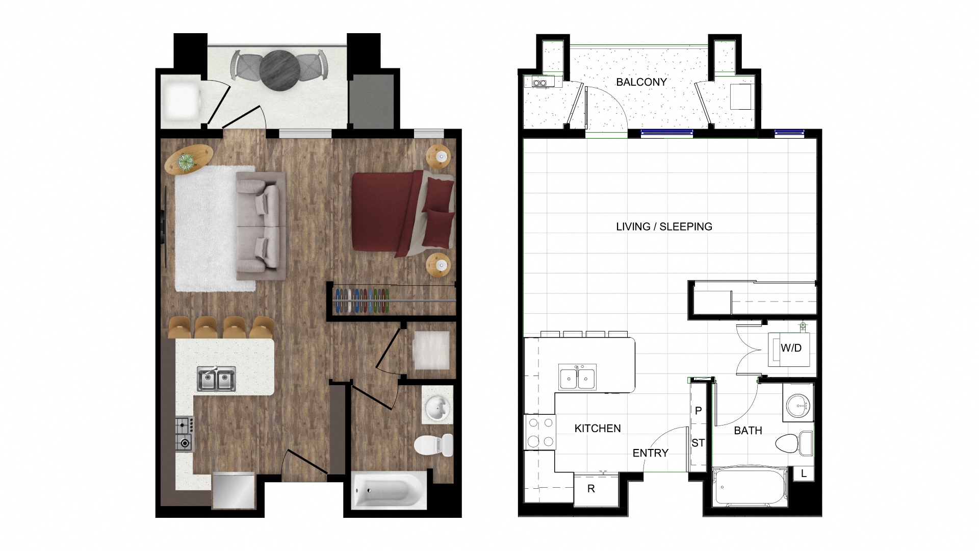 Floor plan for studio, 1 bath, 515 sqft
